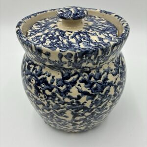 Vintage Marshall Pottery W/Lid Blue Sponge White Ware Made In USA